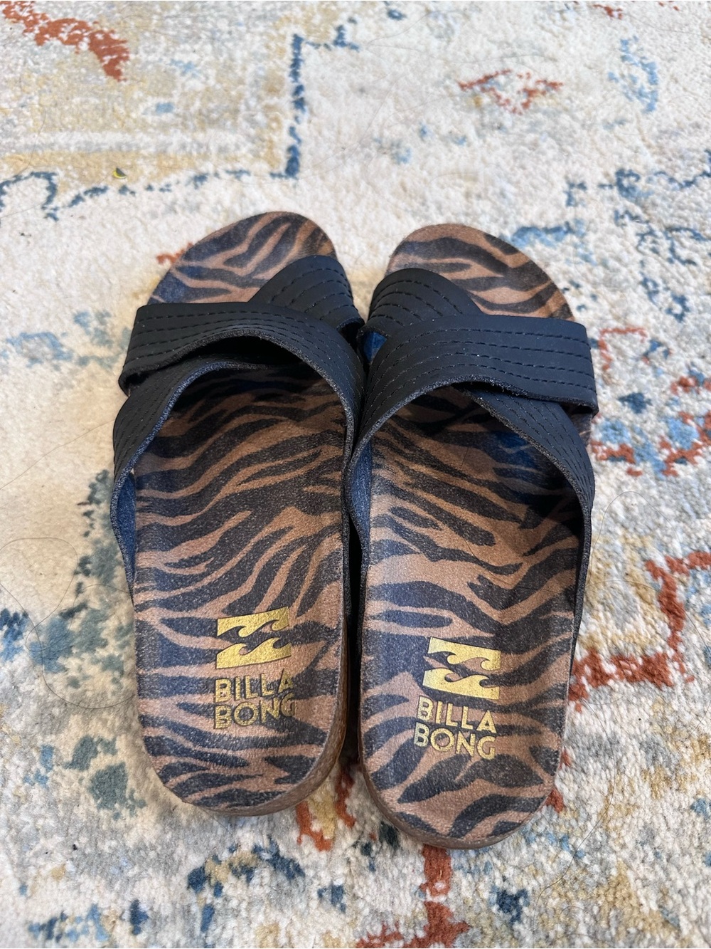 Billabong Kids Black Crossover Slide Sandals with Brown Zebra Footbed